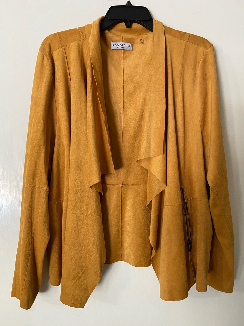 bagatelle Mustard Suede Draped Open-Front Jacket